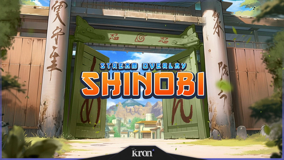 Shinobi Stream Overlay for Twitch with iconic village gates, warm colors and vibrant ninja anime-inspired landscapes