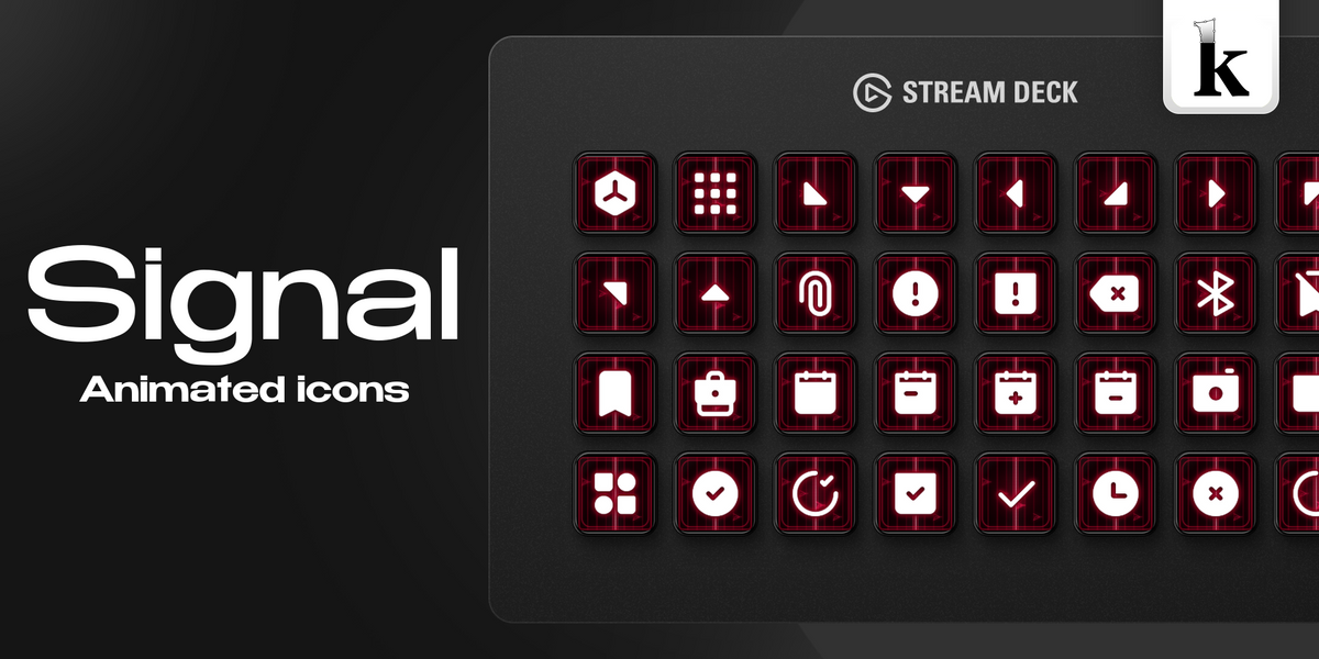 Signal Stream Deck icons with deep crimson tones, vertical scanlines, directional details and clean white symbols