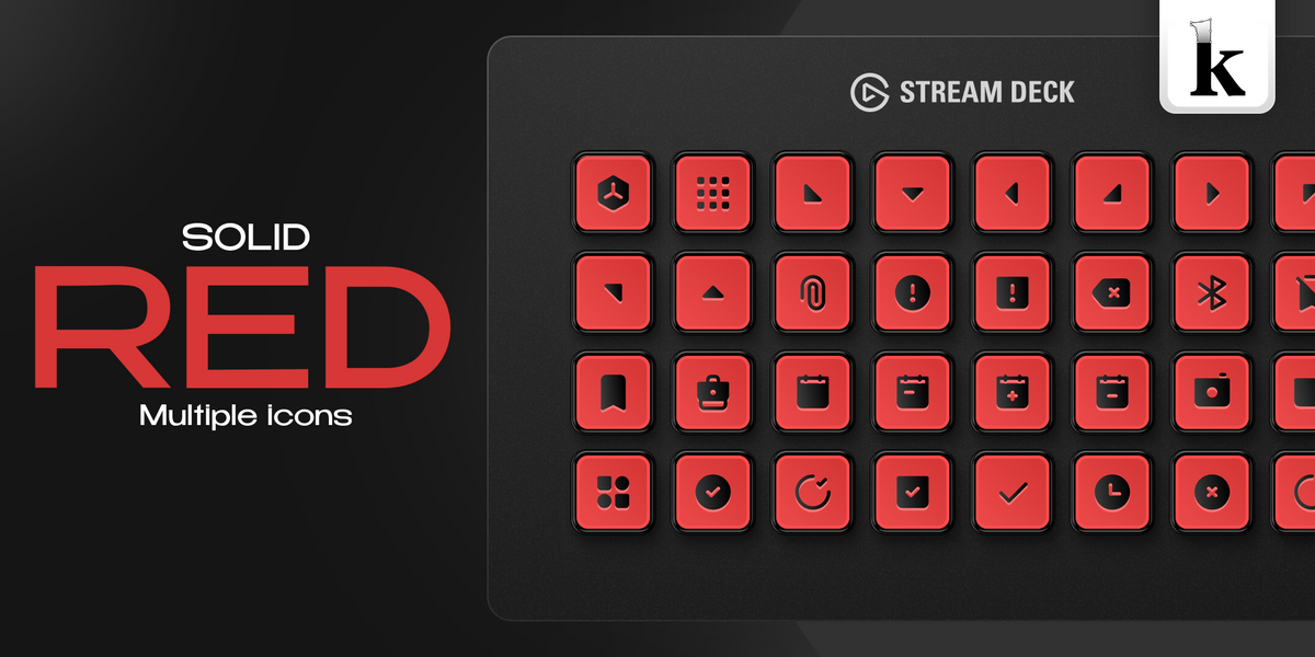 Solid Red Stream Deck icons with vivid red buttons, smooth surfaces and clean black symbols