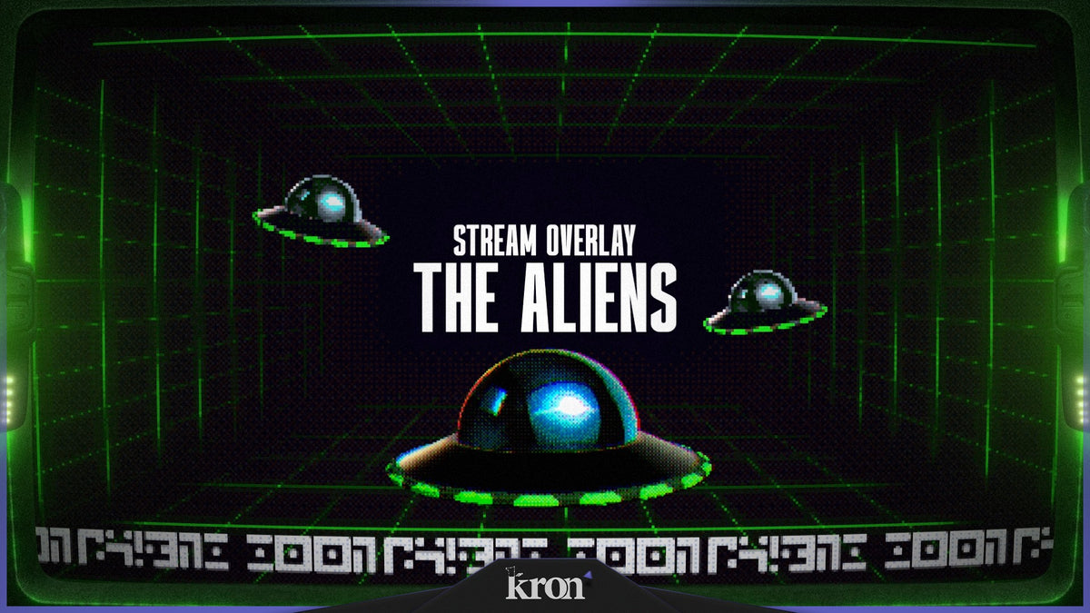 The Aliens Stream Overlay for Twitch with pixel UFOs, green neon scanner grid and retro alien invasion arcade aesthetic