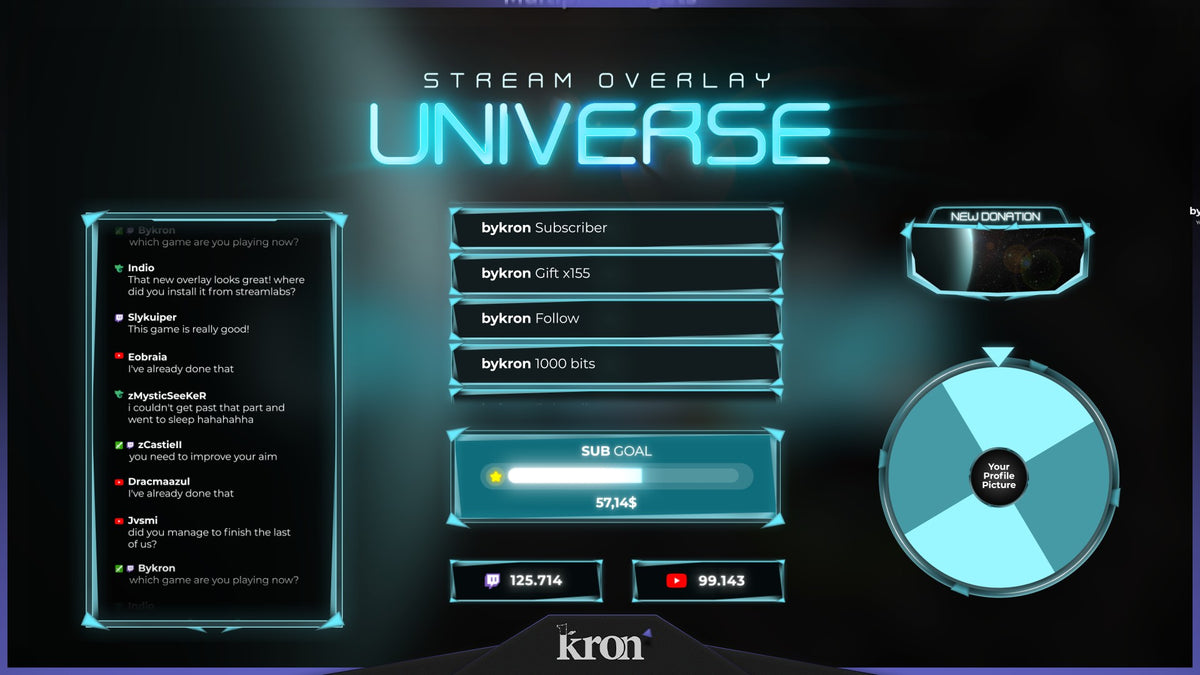 Universe Animated Widgets for Twitch with deep space sci-fi aesthetic featuring follower goal, donation goal, recent events, spin wheel, viewer count and chat box
