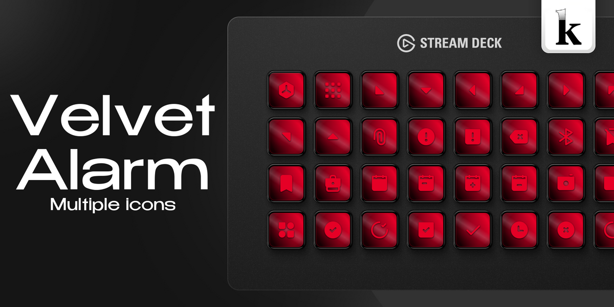 Velvet Alarm Stream Deck icons with deep red gradients, glossy surfaces, brushed textures and dark symbols