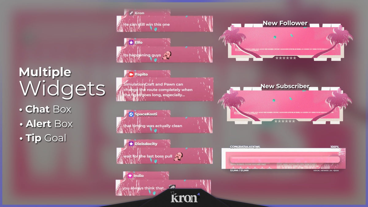 VI Stars Animated Widgets for Twitch with pink tropical street aesthetic featuring alerts, tip goal and chat box widgets