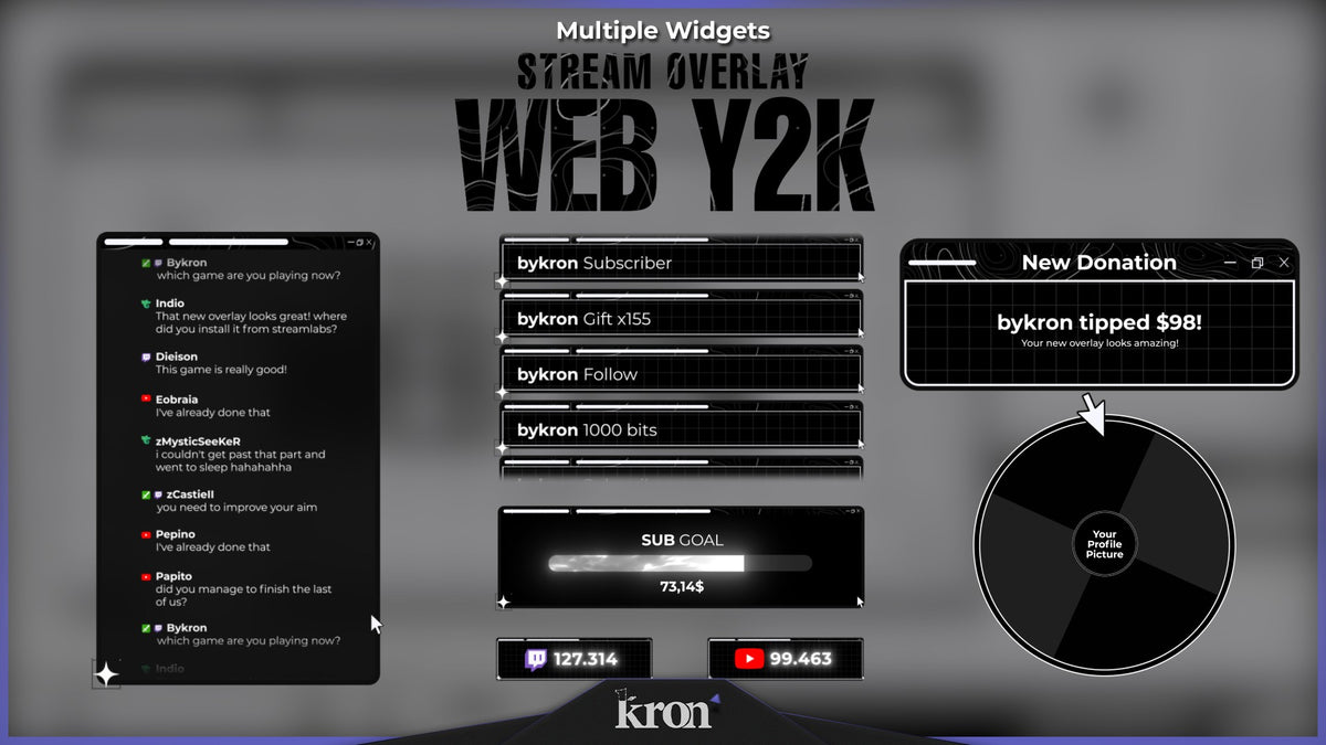 Web Y2K Animated Widgets for Twitch with black and white retro digital aesthetic featuring follower goal, donation goal, recent events, spin wheel, viewer count and chat box