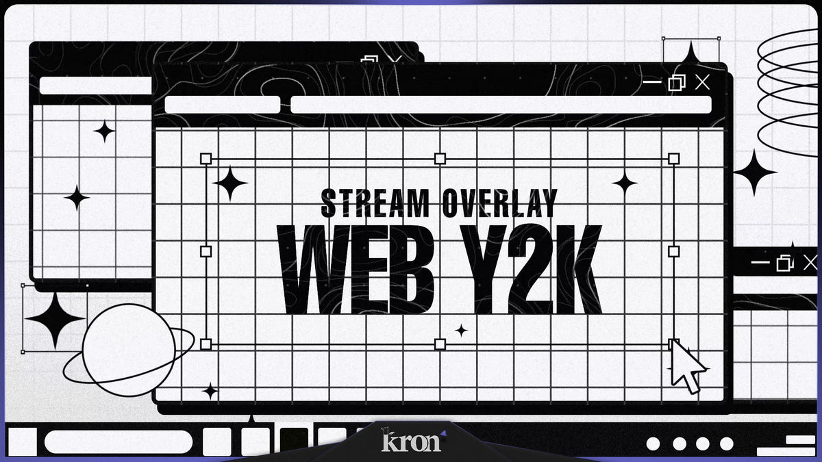 Web Y2K Stream Overlay for Twitch with black and white tones, grid-inspired layouts and minimalist retro digital interface