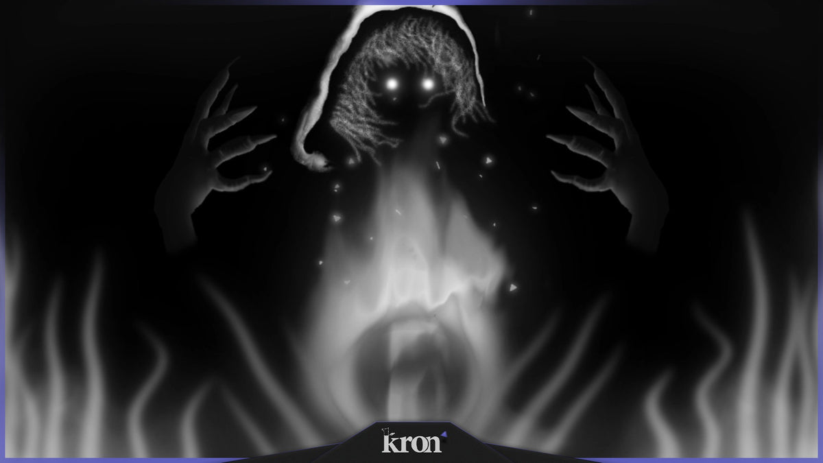 Witch Stream Overlay for Twitch with shadowy figure, glowing eyes, smoky tendrils and eerie dark magic aesthetic